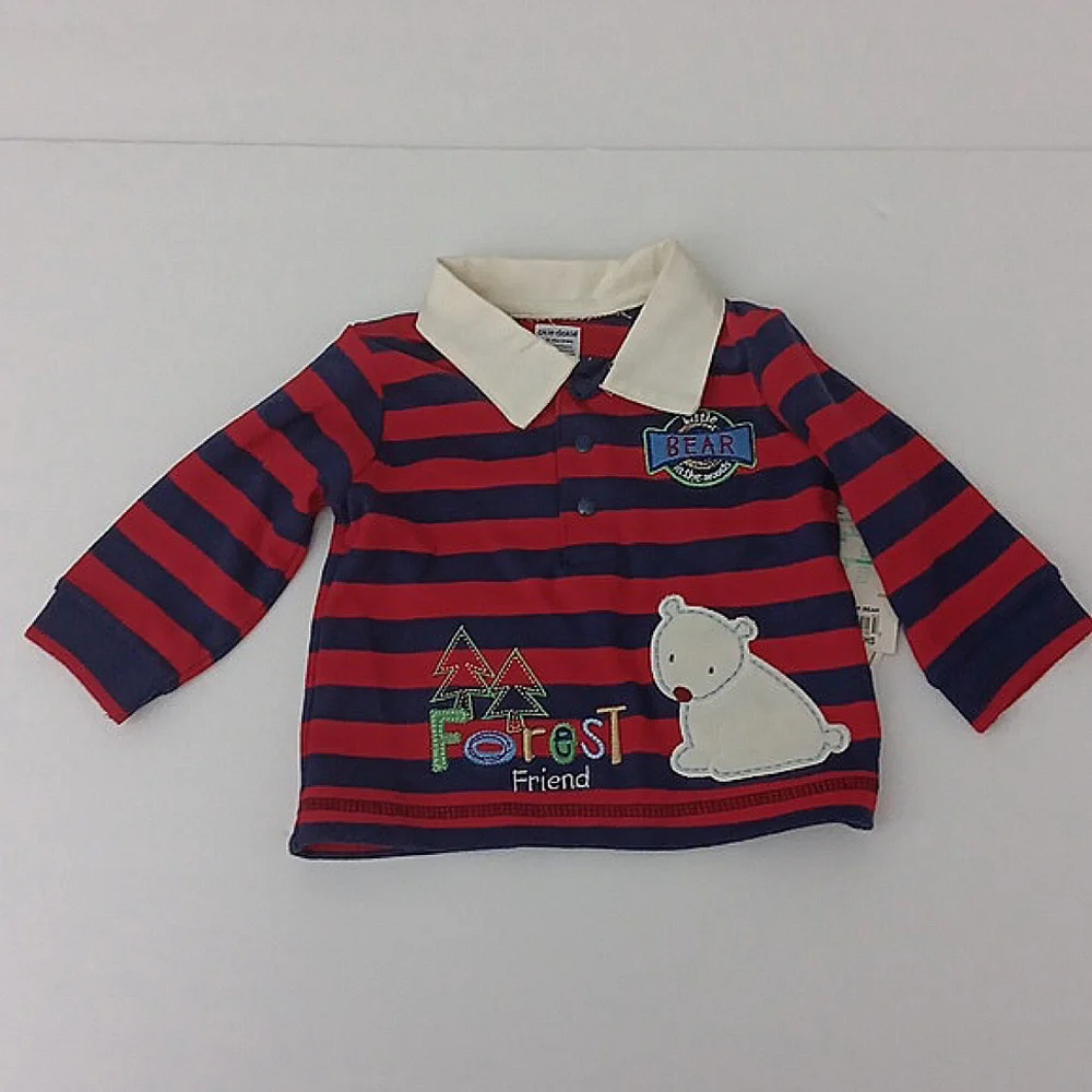 Okie Dokie Striped Red & Blue Boy Baby Outfit Size 6-9 Months Bear Patch 2 Piece - Picture 2 of 12